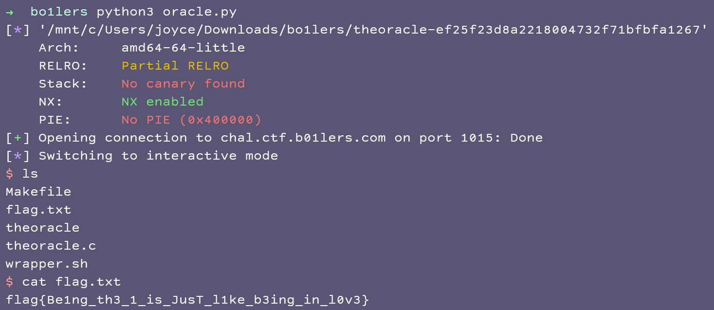 Screenshot of terminal: running script oracle.py. Some information about the binary: Arch: amd64-64-little, RELRO: Partial RELRO, Stack: no canary found, NX: NX enabled, PIE: No PIE (0x400000). It then opens a connection to chal.ctf.b01lers.com on port 1015 and then switches to interactive mode. Running ls lists out a Makefile, flag.txt, the binary theoracle, a C file theoracle.c, and a shell file wrapper.sh. Running cat flag.txt then prints out the flag.