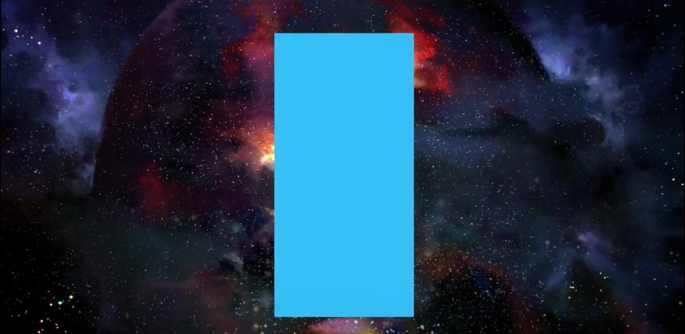 Centered blue rectangle standing on its short side, covering a galaxy photo.