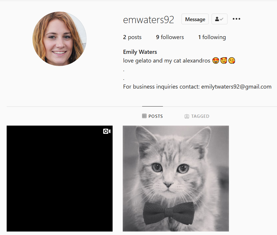 Screenshot of Instagram profile for emwaters92. There are two posts, a video where the current frame is black and the same black and white cat photo from Alexandros. The accounts has 9 followers and is only following 1 account.