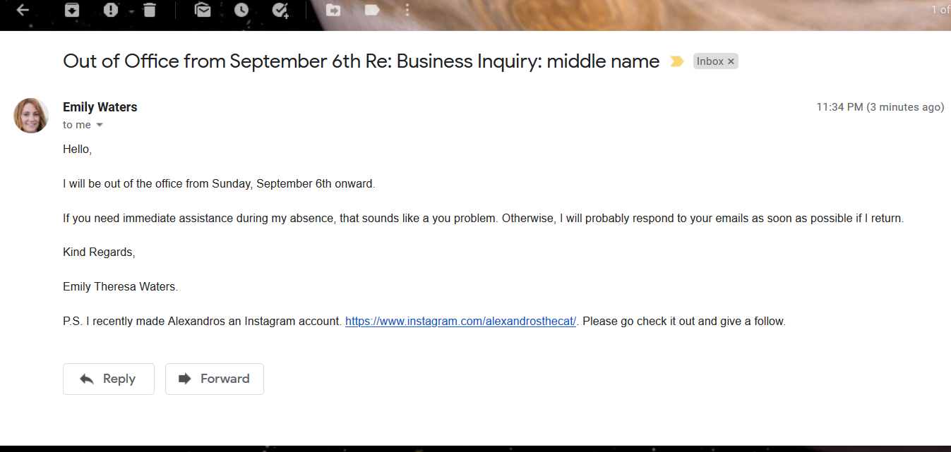 Email reply from emilytwaters@gmail.com. Subject line: &ldquo;Out of Office from September 6th Re: Business inquiry: middle name&rdquo;. Body: &ldquo;Hello, I will be out of the office from Sunday, September 6th onward. If you need immediate assistance during my absence, that sounds like a you problem. Otherwise, I will probably respond to your emails as soon as possible if I return. Kind regards, Emily Theresa Waters.&rdquo;
