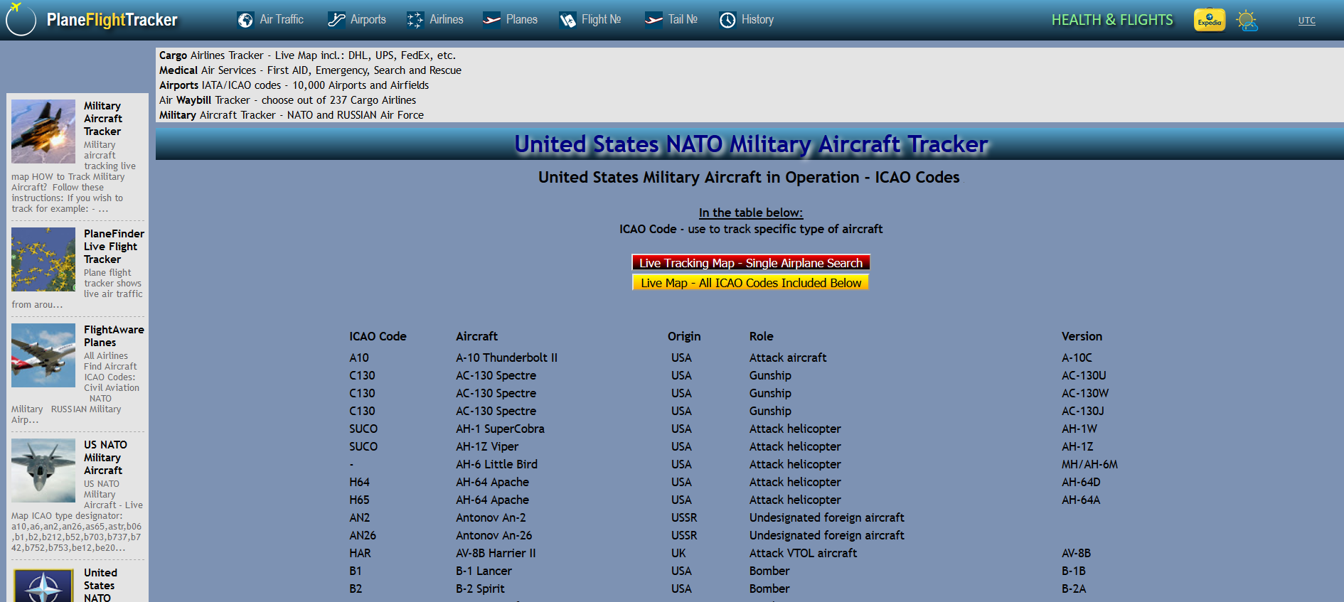 Screenshot of United States NATO Military Aircraft Tracker and which aircraft are in operation.