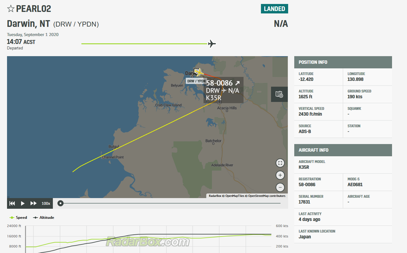 Screenshot of flight PEARL02 which curves over to Darwin