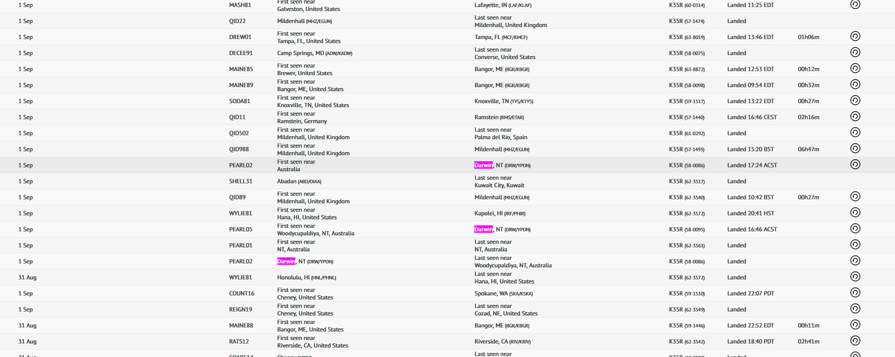 Screenshot of flight list around September 1st