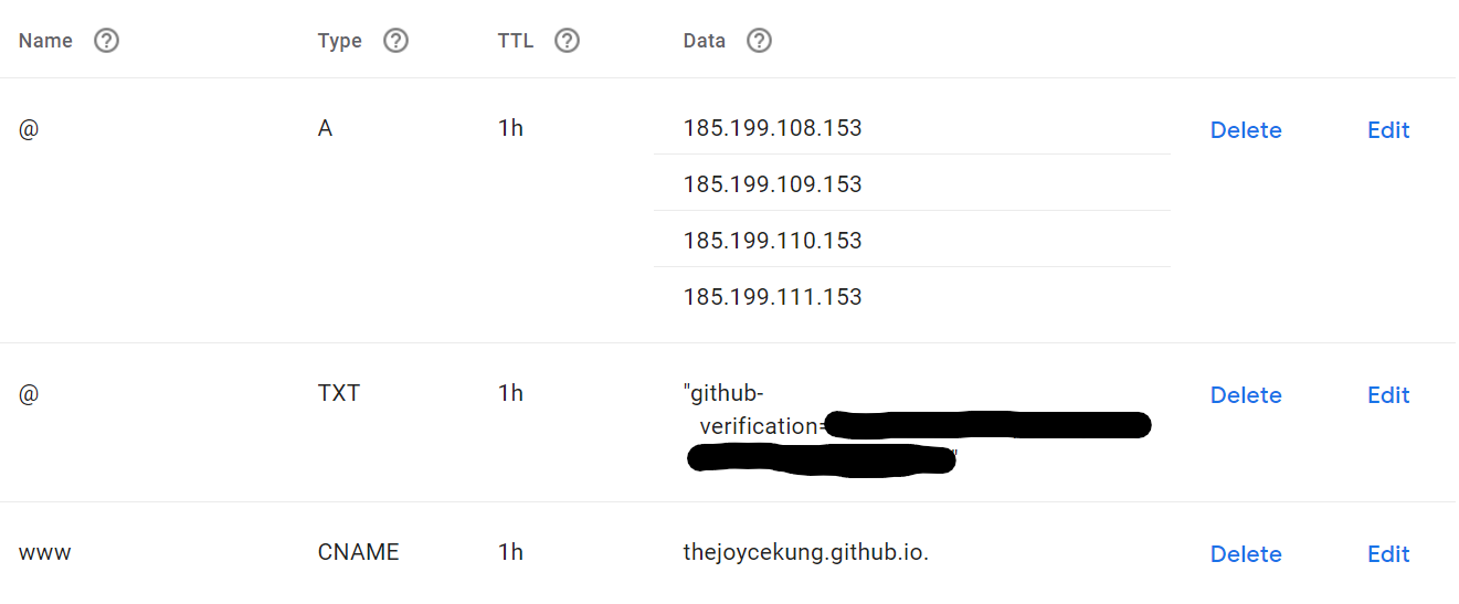Screenshot of Google Domains: An A record has 4 Github IP addresses; below, a TXT record that has a Github verification code; finally, a CNAME that points my site to thejoycekung.github.io.