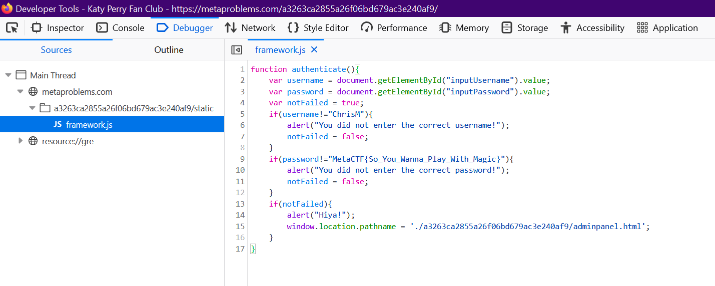 Screenshot of a JS snippet. There is a if statement that checks the password, which is the flag.