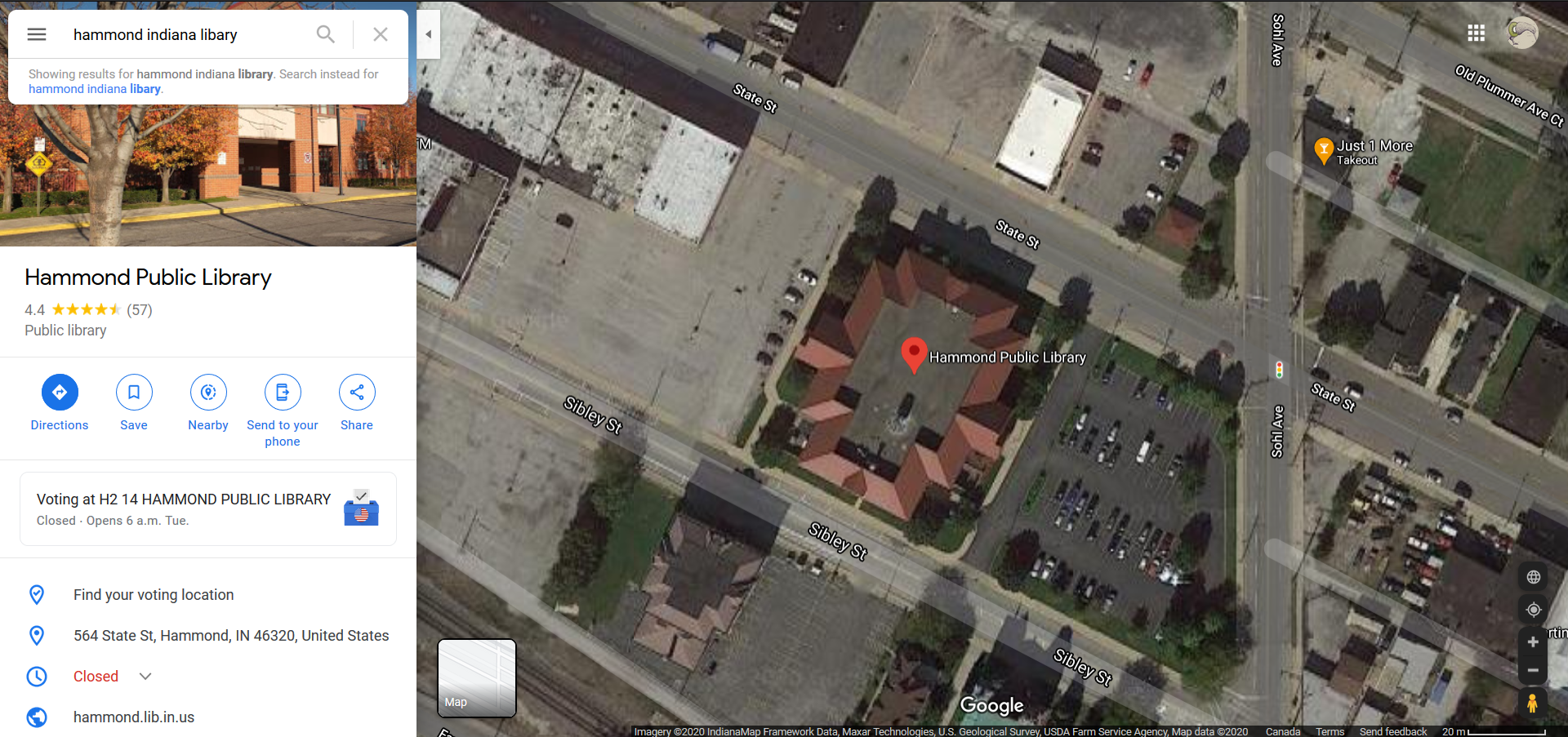Aerial view of Hammond Public Library, that has the address and information in a sidebar.