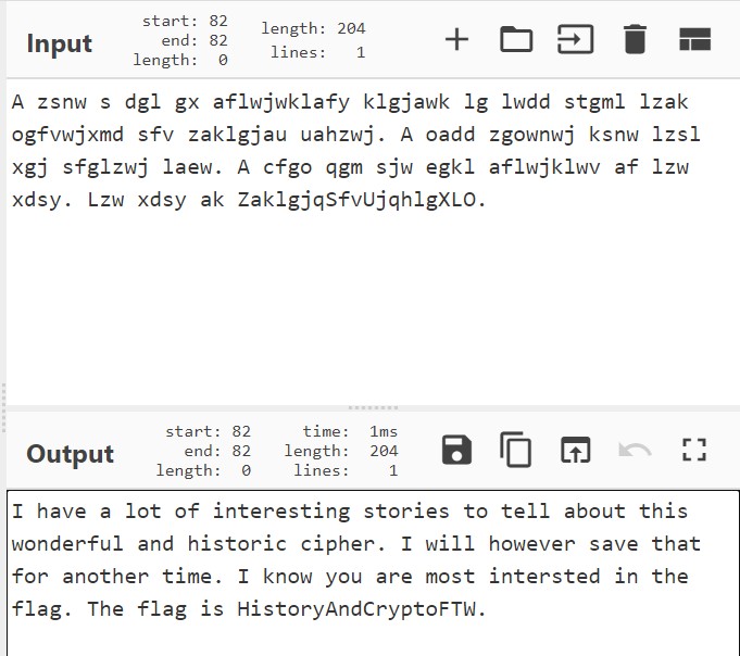Screenshot of ciphertext and decoded text side-by-side