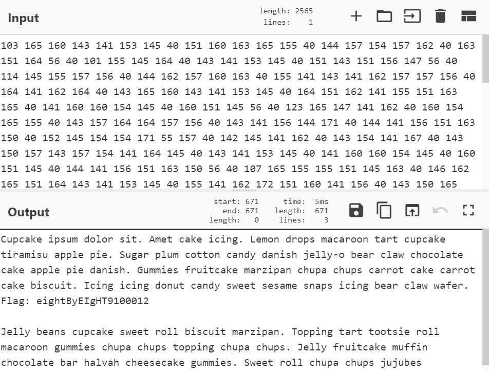 Screenshot of converted text from octal numbers