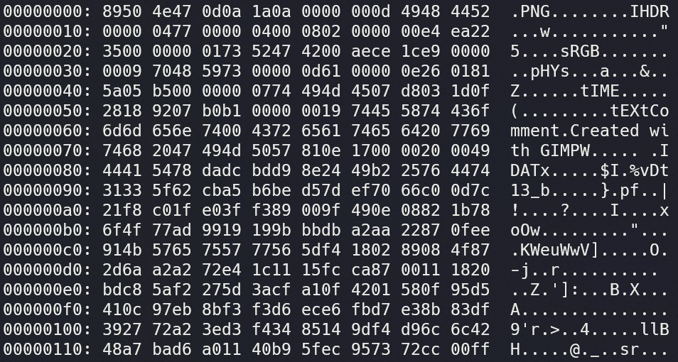 Terminal screenshot of hexdump of Amazing-PNG.png